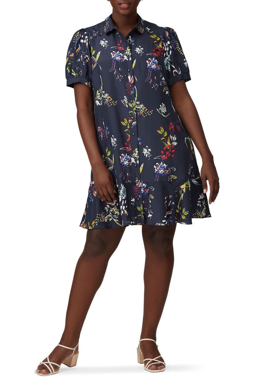 TANYA TAYLOR Navy Printed Floral Button Up Collared Aliciana Shirt Dress Size 14